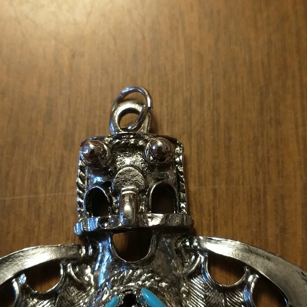 Vintage Southwestern Silver Tone Faux Turquoise Kachina Pendant - Picture 3 of 7